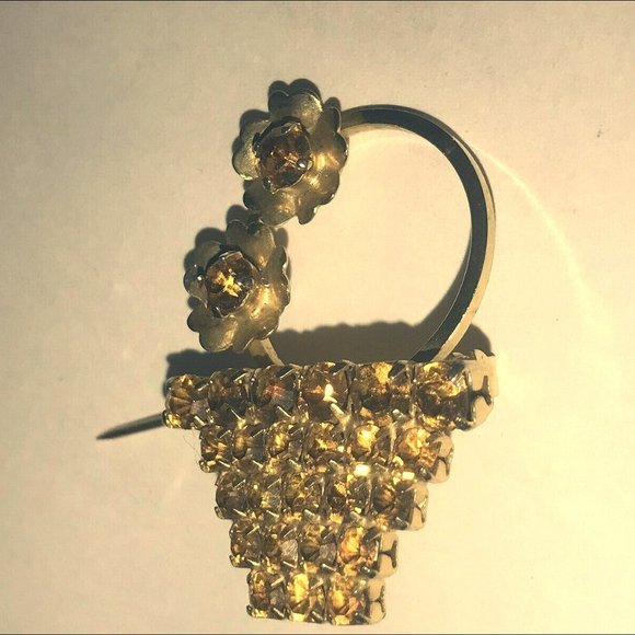 Vtg Brooch Yellow Flowers Basket Glass Rhinestone - Picture 1 of 10